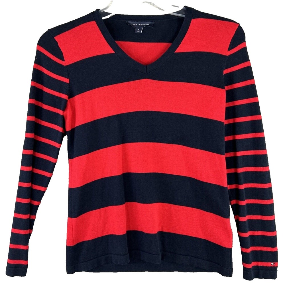 Tommy Hilfiger Size M Red Navy Striped V-Neck Cotton Sweater Preppy Nautical